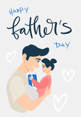 Happy Father's Day! Cartoon illustration with dad and daughter with hearts. Cute holidays banner. The child is in the arms of the father. Daughter gives dad a gift.