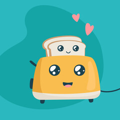 Cute toaster and toasts. Kawaii breakfast. Funny characters of bread and toaster on colorful background. Vector illustration.