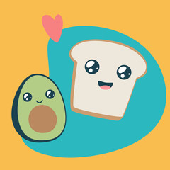 Cute avocado and toast. Kawaii breakfast. Funny characters of bread and avocado on colorful background. .