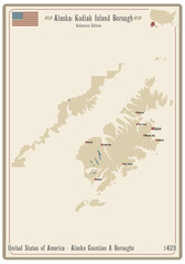Map on an old playing card of Kodiak Island Borough in Alaska, USA.