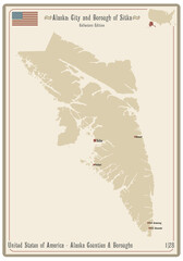Map on an old playing card of the City and Borough of Sitka in Alaska, USA.