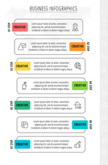 Seven line rectangular elements in horizontal row. Vector modern infographic design template. Concept of 7 steps of business chart. Square illustration for diagram, process visualization, presentation