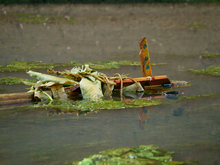 Wooden wastage flowing on river water, Nature Pollution concept.