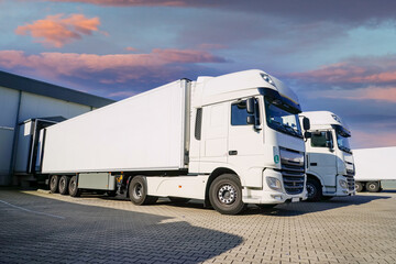Saubere Lastkraftwagen auf dem Hof einer Spedition. Symbolfoto für Mobilität und Logistik im...