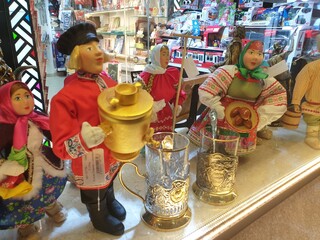 Russian souvenirs sale. Russian souvenir shop.