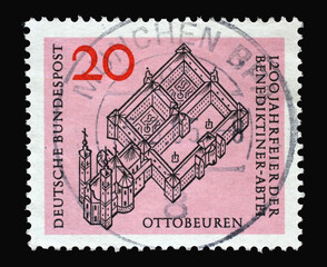 Stamp printed in Germany shows Ottobeuren Benedictine Abbey, 1200th anniversary, circa 1964