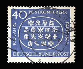 Stamp printed in Germany shows Arms of 18 Participating Countries, 1st International Postal Conference in Paris, 1863, circa 1963