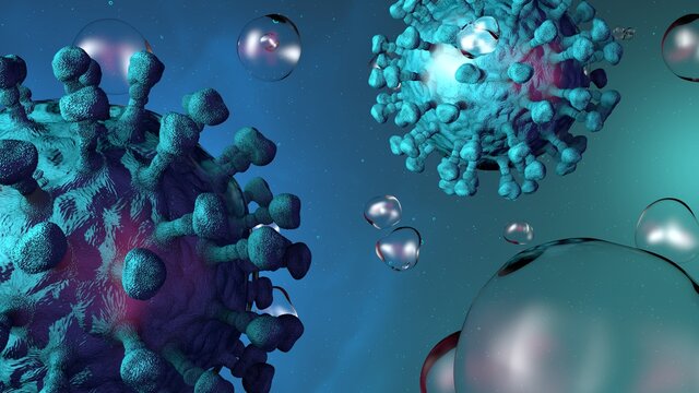 Visualization of aerosols with infectious SARS-CoV-2 arcturus virus cells. Coronavirus pandemic. 3D rendering