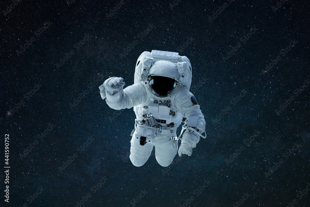 Aufkleber astronaut in outer space. space man float in space with stars. space mission concept