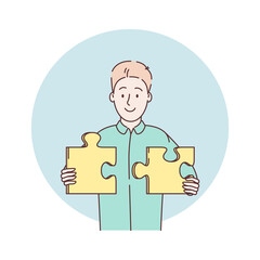 Solving business problems. Man makes puzzles. Idea of successful solution. Brain activity, brainstorming, problem solving, thinking, imagination. Abstract metaphor business concept illustration 