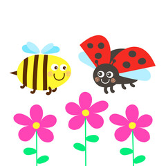 A cute ladybug and a bee are flying over the flowers. Kawaii insects friendship.