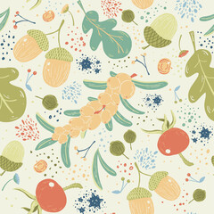 Hand drawn vector seamless pattern with autumn elements; acorns, leaf, berries and seeds