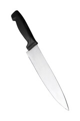 stainless steel kitchen chef knife with black grip isolated in white background with clipping path