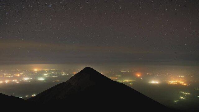 Landscape panorama view of Volcan de Fuego in Guatemala during eruption with smoke and dust in the air. Active stratovolcano of Acatenango constantly active spewing lava, rock and ash.