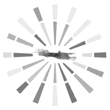 Java sunburst. Low poly striped rays and map of the island. Radiant vector illustration.
