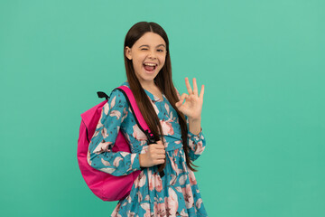 happy child carry backpack going to school winking and show ok gesture, back to school