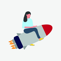 Icon on white background of woman climb on space rocket