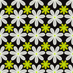 Simple chamomiles pattern. Vector chamomiles ornament. Seamless repeated white and yellow flowers wallpaper.