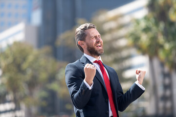 successful boss in suit. excited entrepreneur. business excitement.