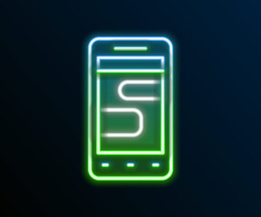 Glowing neon line New chat messages notification on phone icon isolated on black background. Smartphone chatting sms messages speech bubbles. Colorful outline concept. Vector
