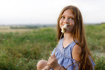 charming girl in a blue dress fries marshmallows in nature