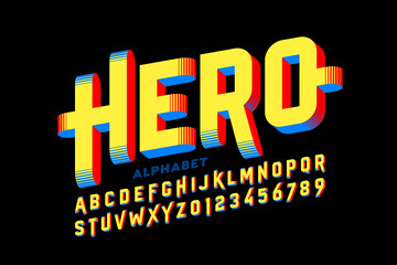 Naklejka na ściany i meble Super Hero style comics 3d font, alphabet letters and numbers vector illustration