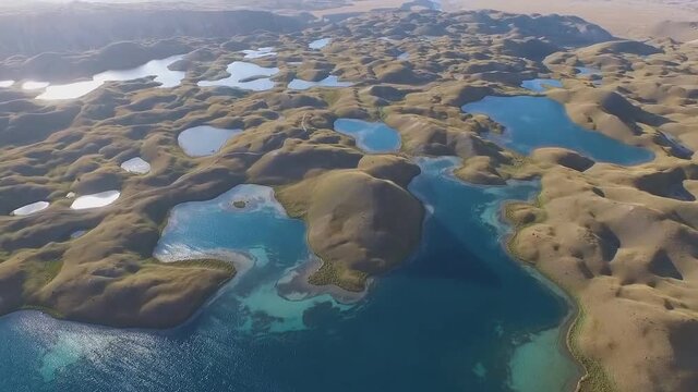 Aerial view of the High Mountain Lake Tulpar-Kul is located in the Chon-Alai Range at an altitude of 3500 meters, in the Osh region, Kyrgyzstan. (aerial photography)