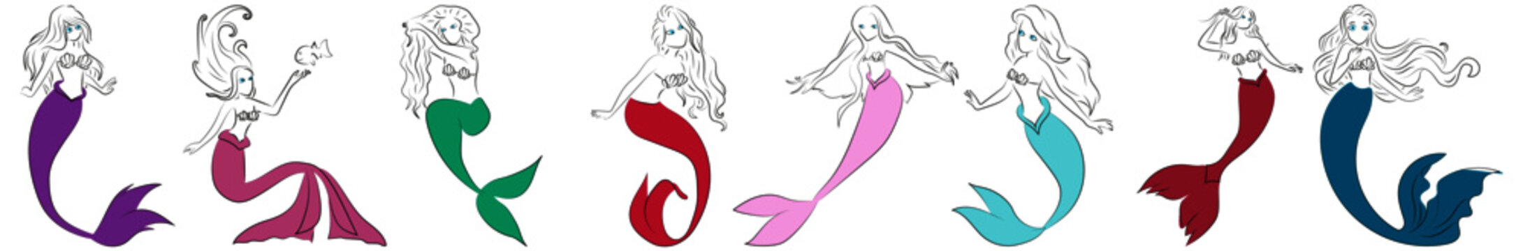 8 Meerjungfrauen Mermaids Farbige Flossen Konturen Zeichnungen Vektor Grafik
