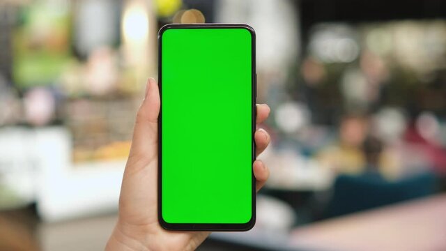 Mall. Shopping center. Back view of brunette holding chroma key green screen smartphone watching content. Shopping online. Gadgets and contemporary people concept.