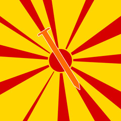 Metal nail symbol on a background of red flash explosion radial lines. The large orange symbol is located in the center of the sun, symbolizing the sunrise. Vector illustration on yellow background