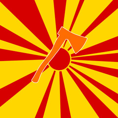 Ax symbol on a background of red flash explosion radial lines. The large orange symbol is located in the center of the sun, symbolizing the sunrise. Vector illustration on yellow background