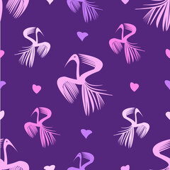 Firebird with pink hearts on a burgundy background. Seamless pattern in cartoon style. For wallpaper and textiles.