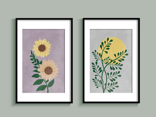 Set of botanical minimalist printable wall art design with geometric shape, sunflowers and leaf. Abstract botanical art design for wall decoration, cover, wallpaper, card, poster.