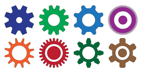 Colorful gear wheels illustration set on white background. Cogwheels collection, technology concept illustration with machinery elements to use in business, brainstorm, infographics, technology.