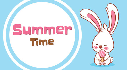cute bunny holding ice cream with a summer greeting banner.