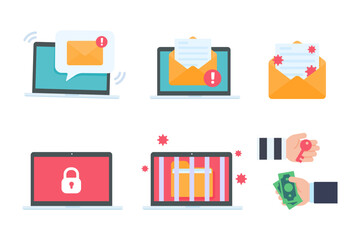 Computer with red screen. The concept of ransom computer virus infection from email
