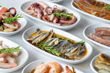 Set of Seafood Dishes. Seafood on a plate. On a white wooden background. Selective focus marinated anchovy. Lakerda, octopus salad, shrimp, fish salad