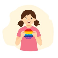 The cute girl holds a colorful antistress toy in his hands. Happy, smilling kid.Handmade toy with bubbles for children. Touch fidget in rainbow colors. Vector illustration