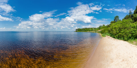 Obraz premium Sandy shore of big reservoir overgrown with trees and reeds