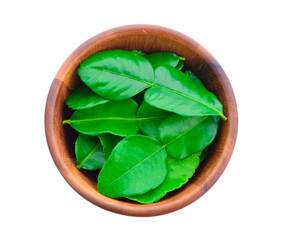 Kaffir lime leaves  in separate bowl on white background.