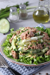 Salad with canned tuna, green onions, eggs and cucumber, seasoned with olive oil. Served on green lettuce leaves. Healthy food.