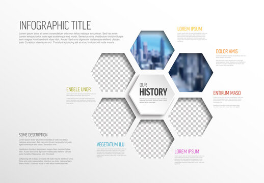 Infographic template with six photos in hexagons