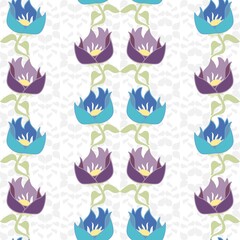 Frilly Flower repeat Pattern In Purple And Blue On a White Lace Effect Background