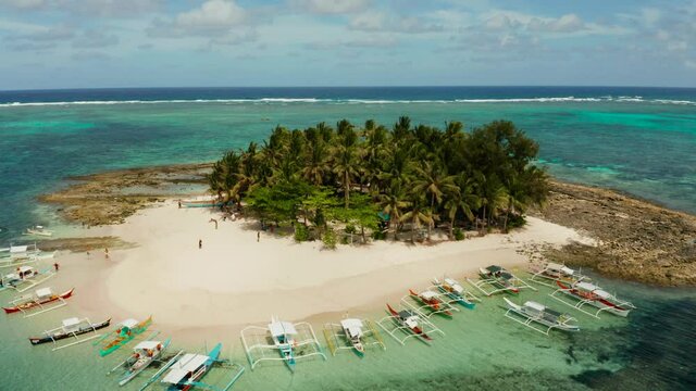 Tropical island with sand beach, palm trees by atoll with coral reef, top view. Guyam island, Philippines, Siargao. Summer and travel vacation concept.