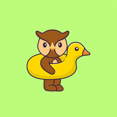 Cute owl With Duck buoy. Animal cartoon concept isolated. Can used for t-shirt, greeting card, invitation card or mascot. Flat Cartoon Style