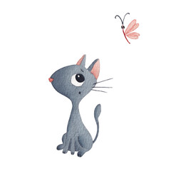 Cute grey cat looking at a pink butterfly. Watercolor illustration 