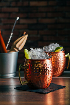 Moscow mule cocktail in copper jar