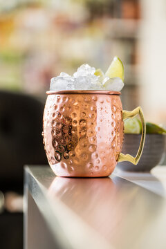 Moscow mule cocktail in copper jar