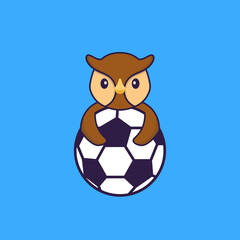 Cute owl playing soccer. Animal cartoon concept isolated. Can used for t-shirt, greeting card, invitation card or mascot. Flat Cartoon Style