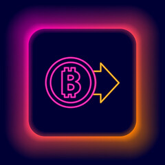 Glowing neon line Cryptocurrency coin Bitcoin icon isolated on black background. Physical bit coin. Blockchain based secure crypto currency. Colorful outline concept. Vector
